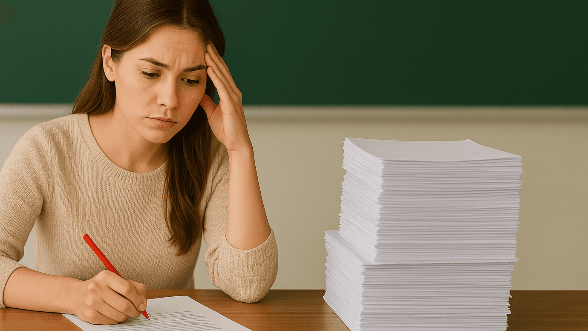 teacher looking distressed because too many papers to grade