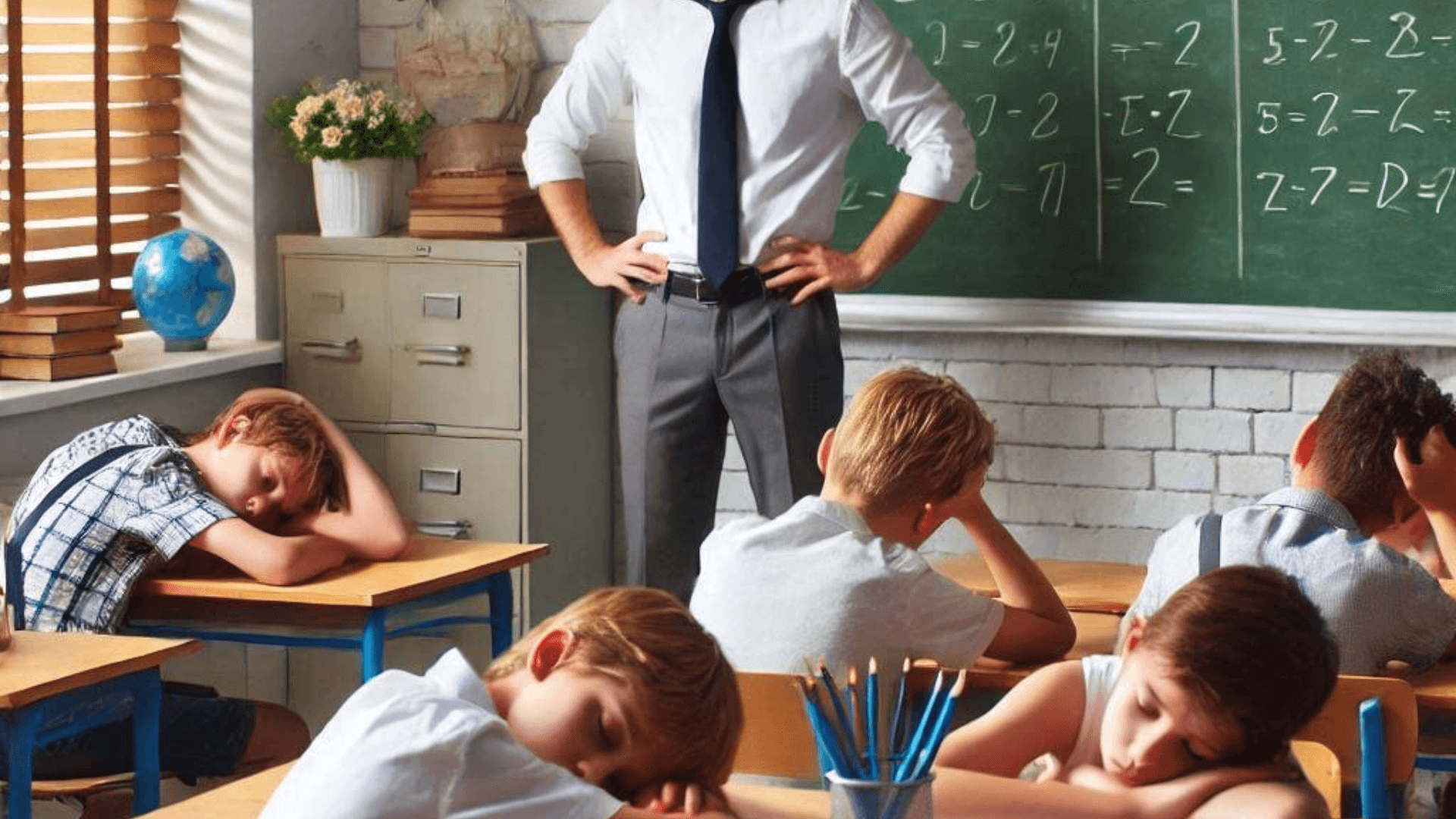 teacher in front of a class as students sleep