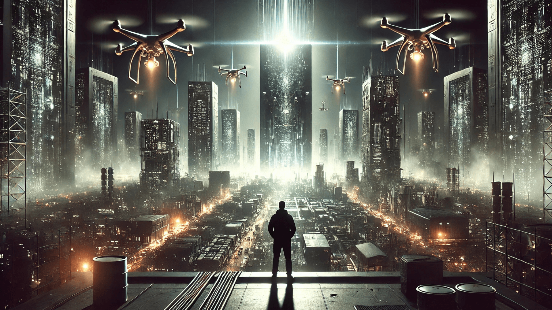 man on top of building in a futuristic city with drones in the air