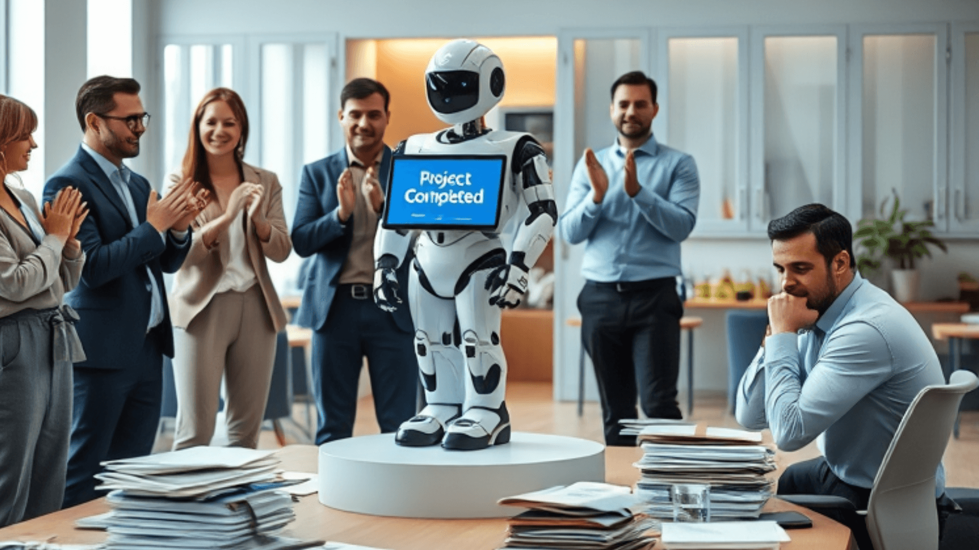 people in an office praising a robot while one worker looks sad for not getting praise