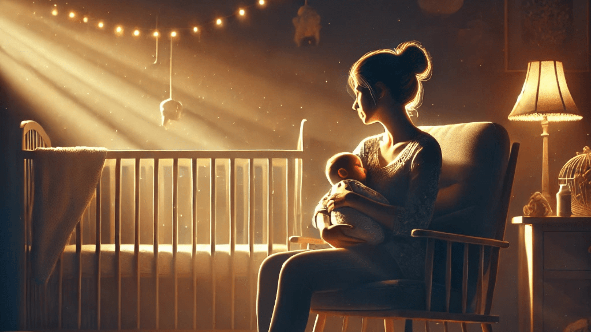 Woman in room holding baby looking distressed while baby sleeps in her arms and it is night time