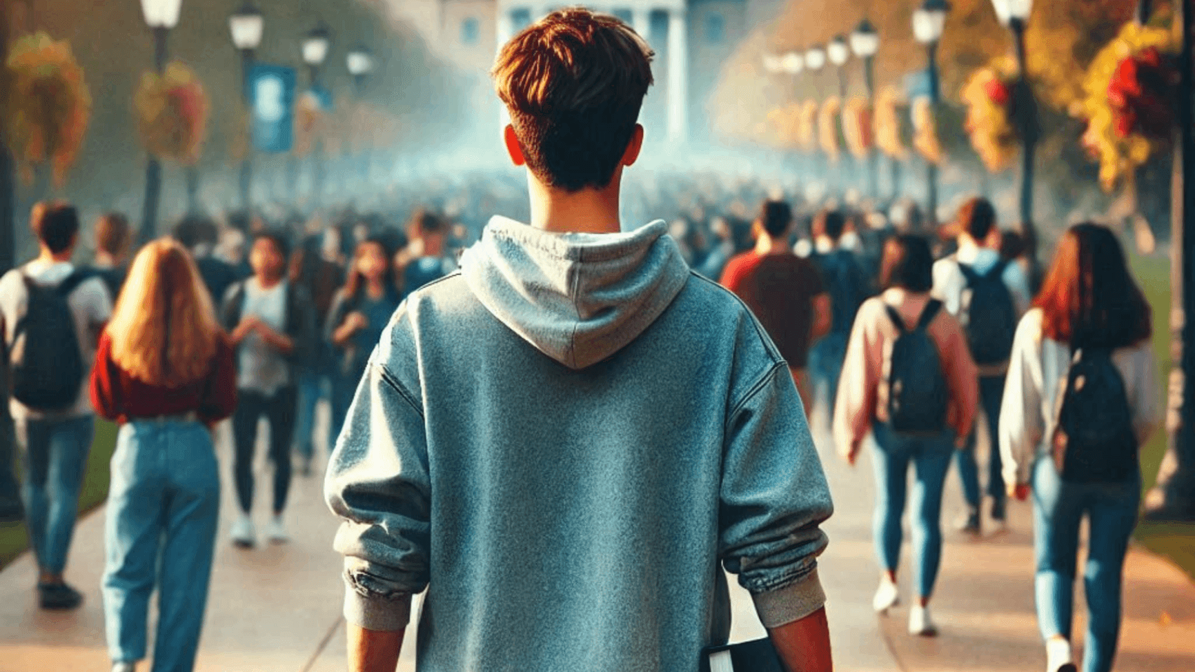 college student walking through a crowded college campus