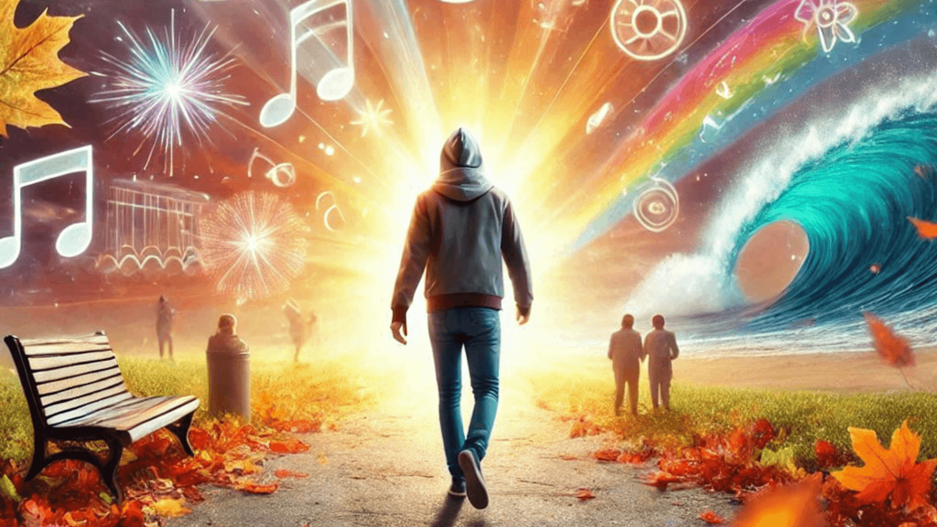 person walking into a light with colors, music symbols, and other images radiating