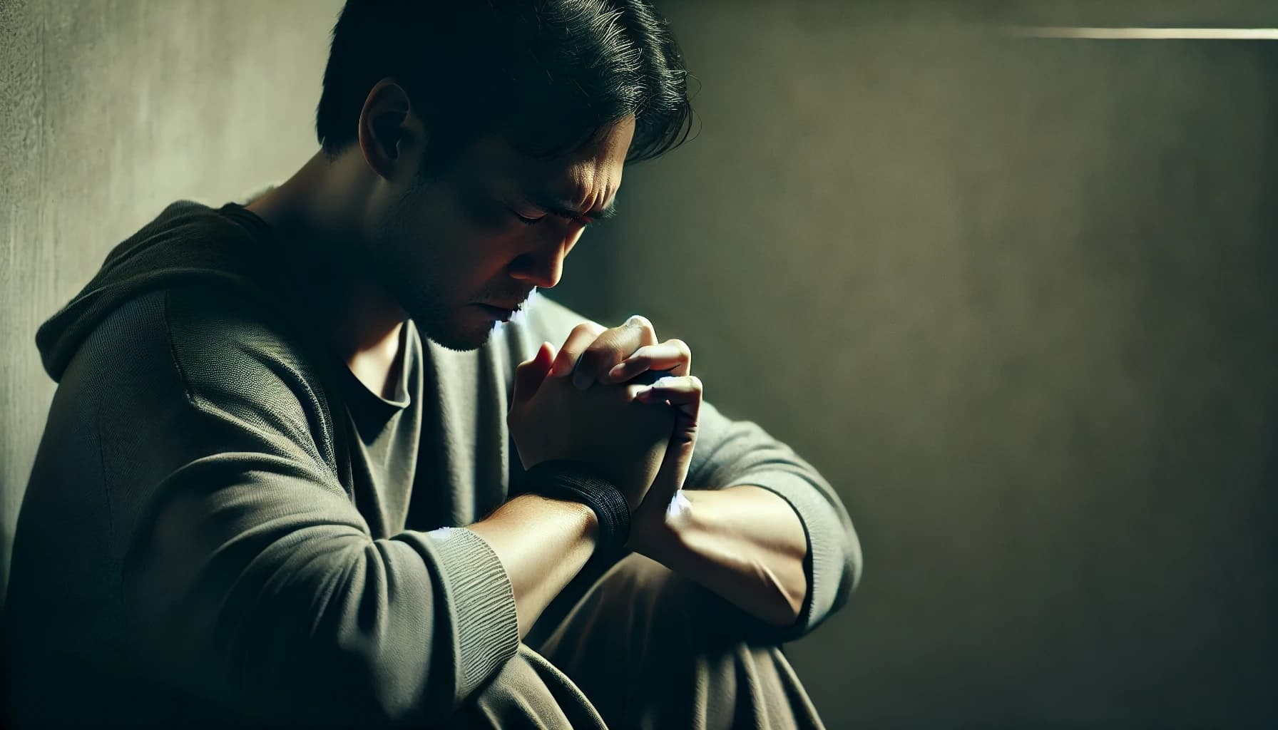 man meditating in hoodie in dark room