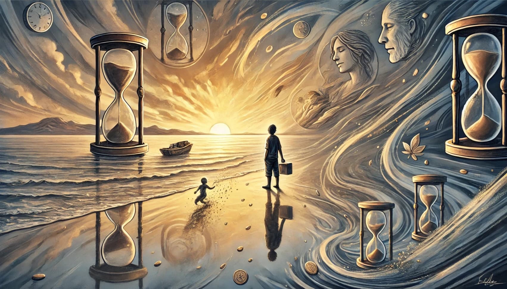 surreal art of man at the beach with hour glasses and mystic faces in the sky