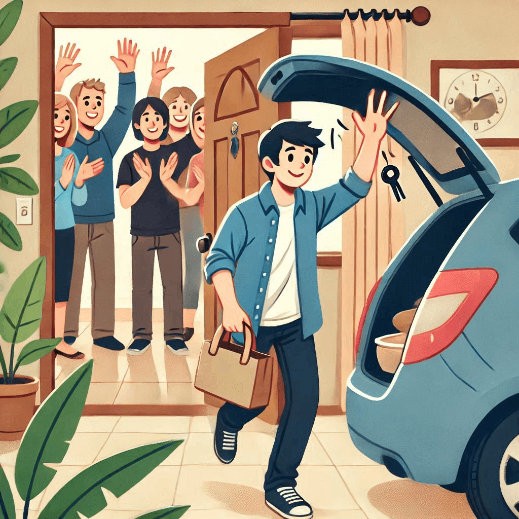 man waving bye as he goes to his car to pick up food for his friends