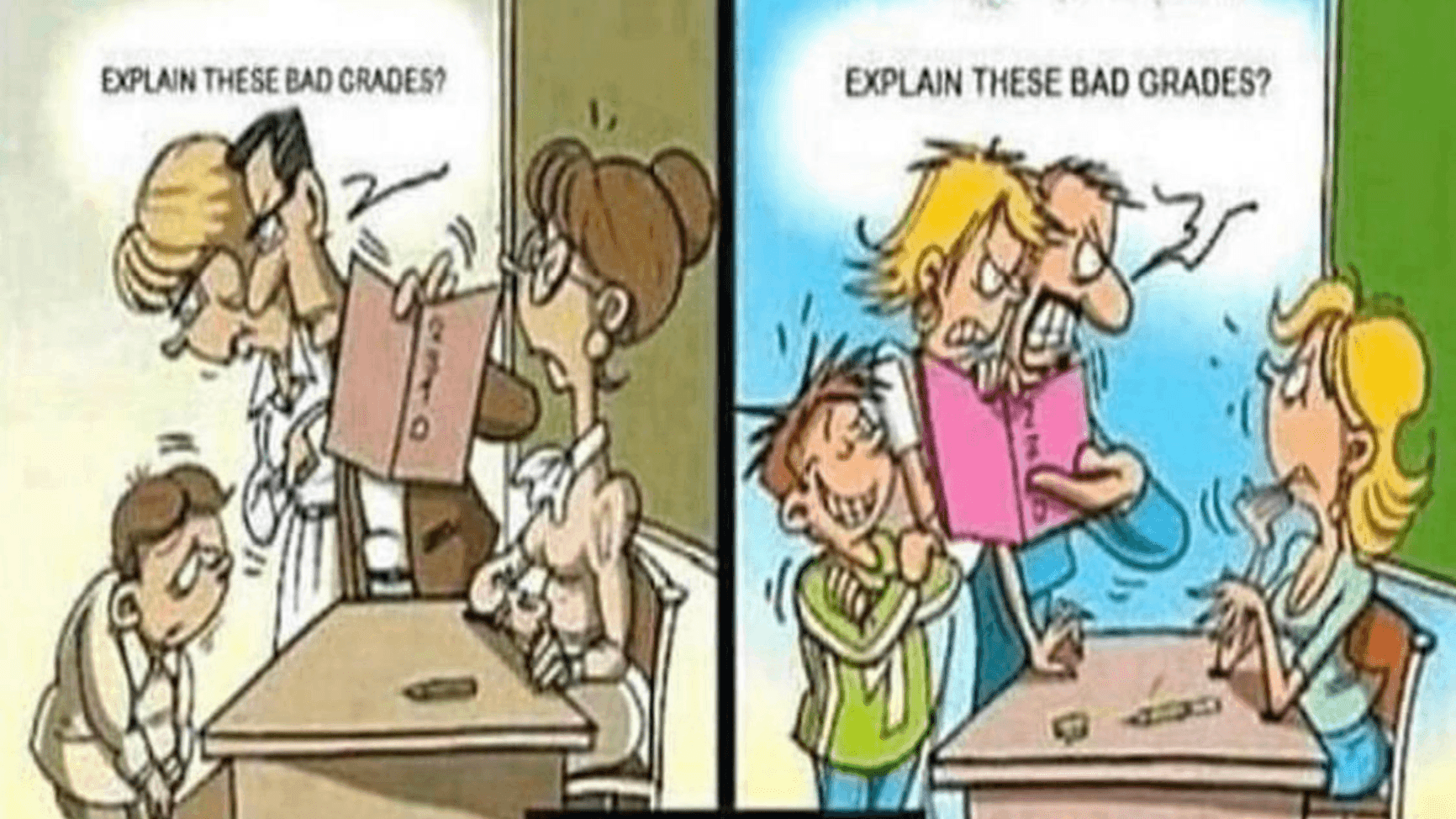 parents are blaming child for bad grades in scene one, and blame the teacher in scene two