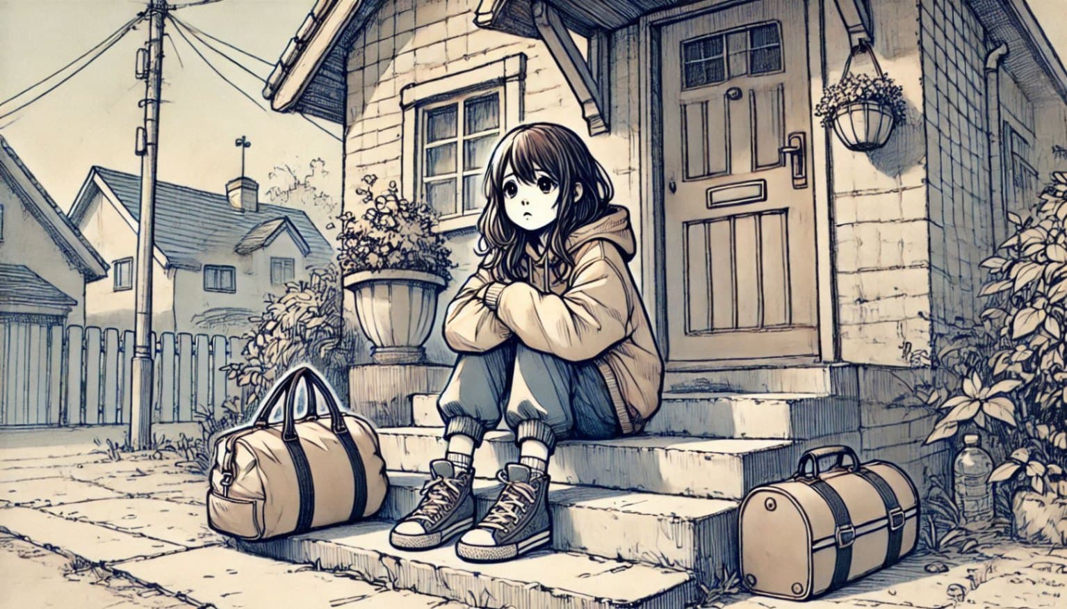 girl sitting on house steps with luggage waiting