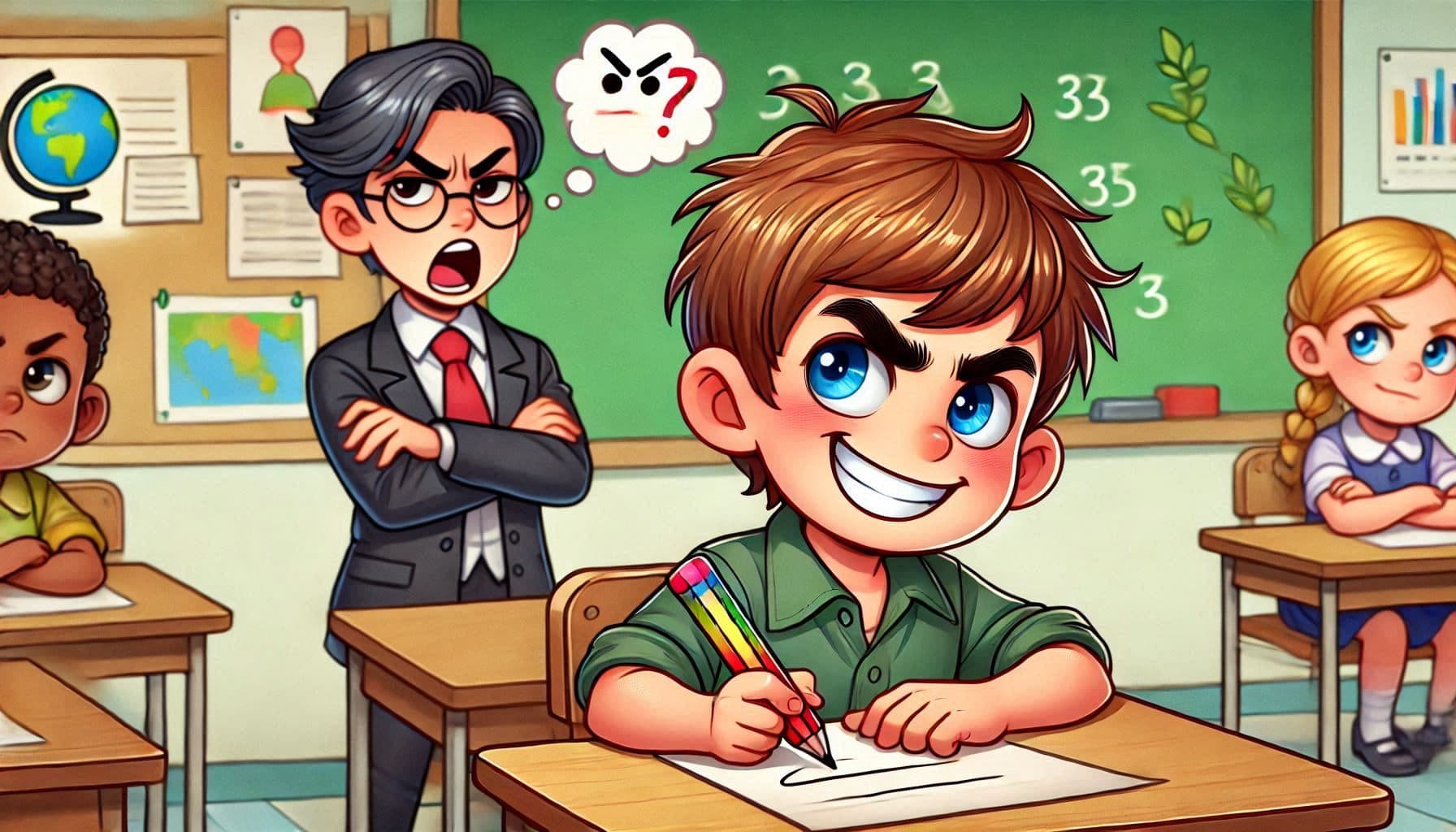 mischievous student looking at his teacher scheming to misbehave with a smile