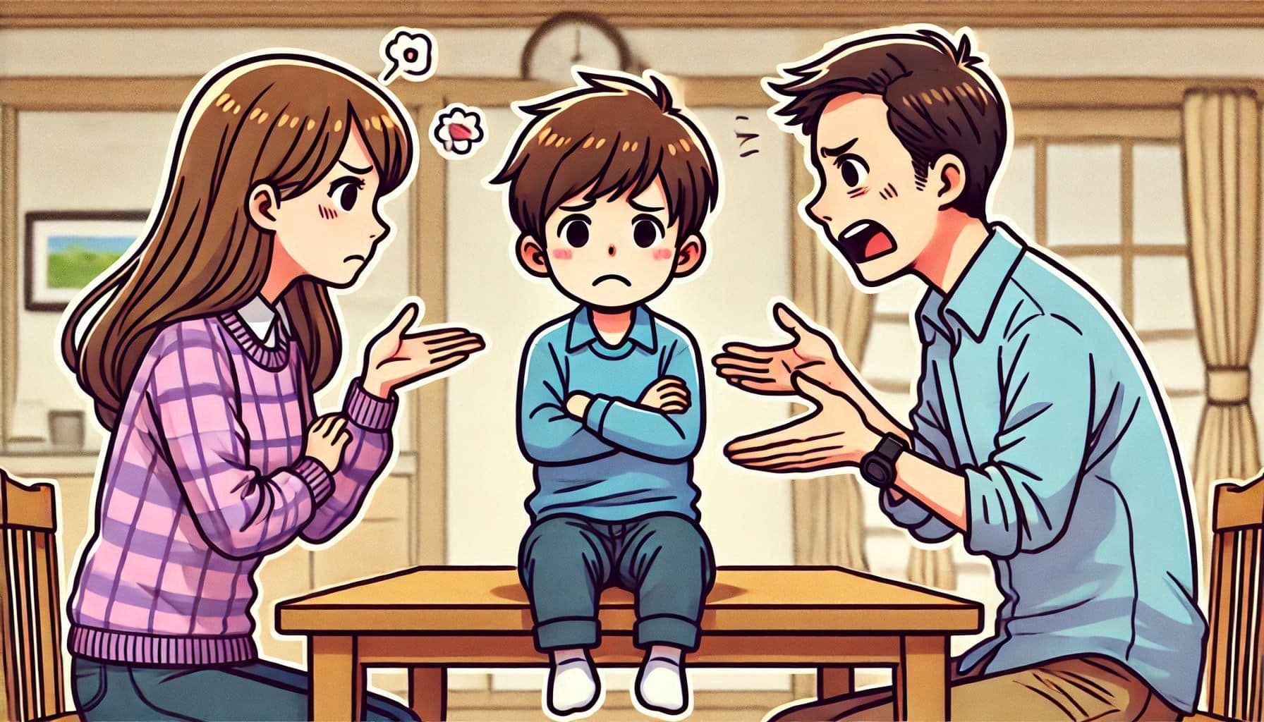 two parents arguing in front of their child