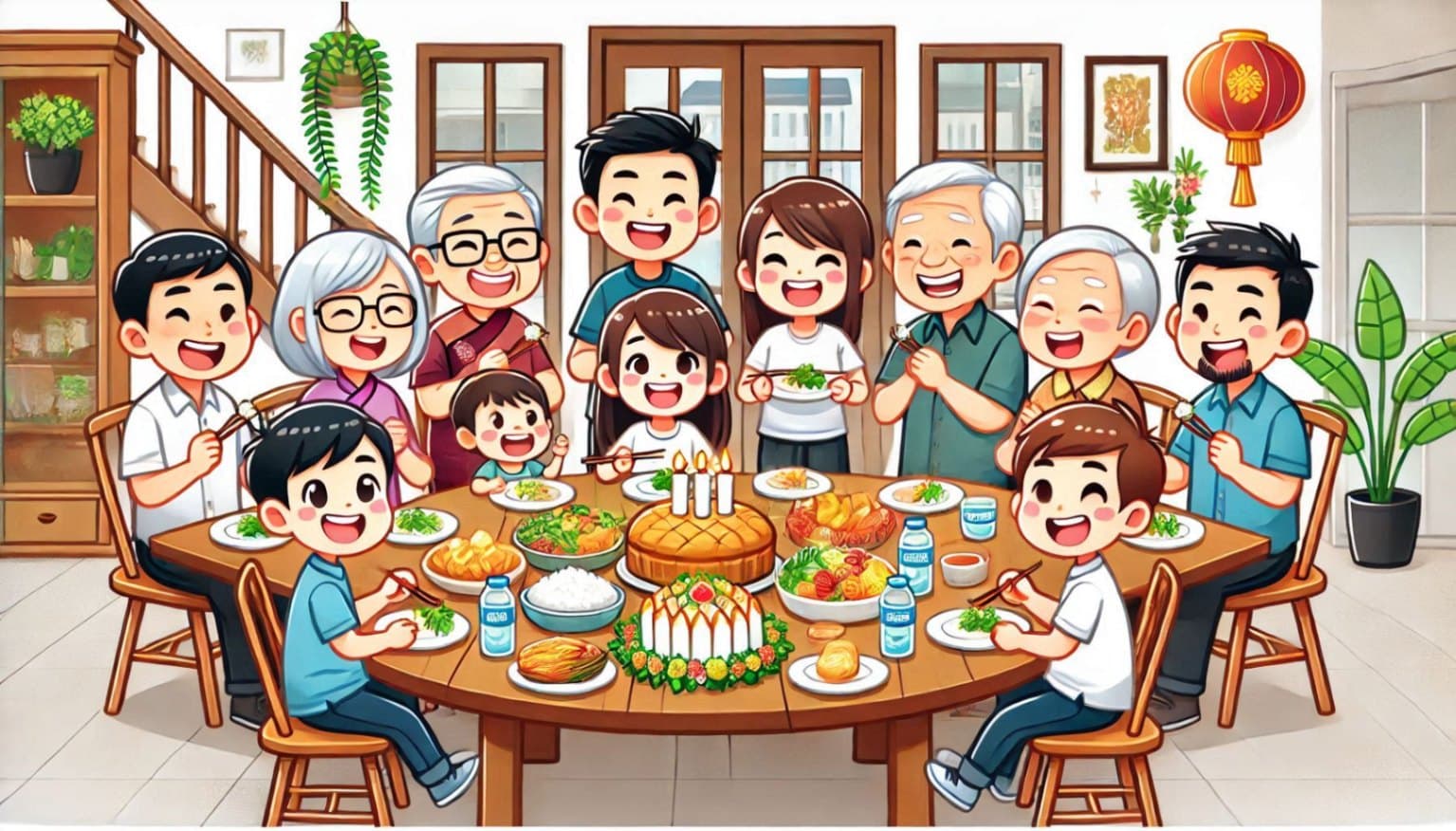 Singapore family sitting around the dining table eating and smiling with grandparents