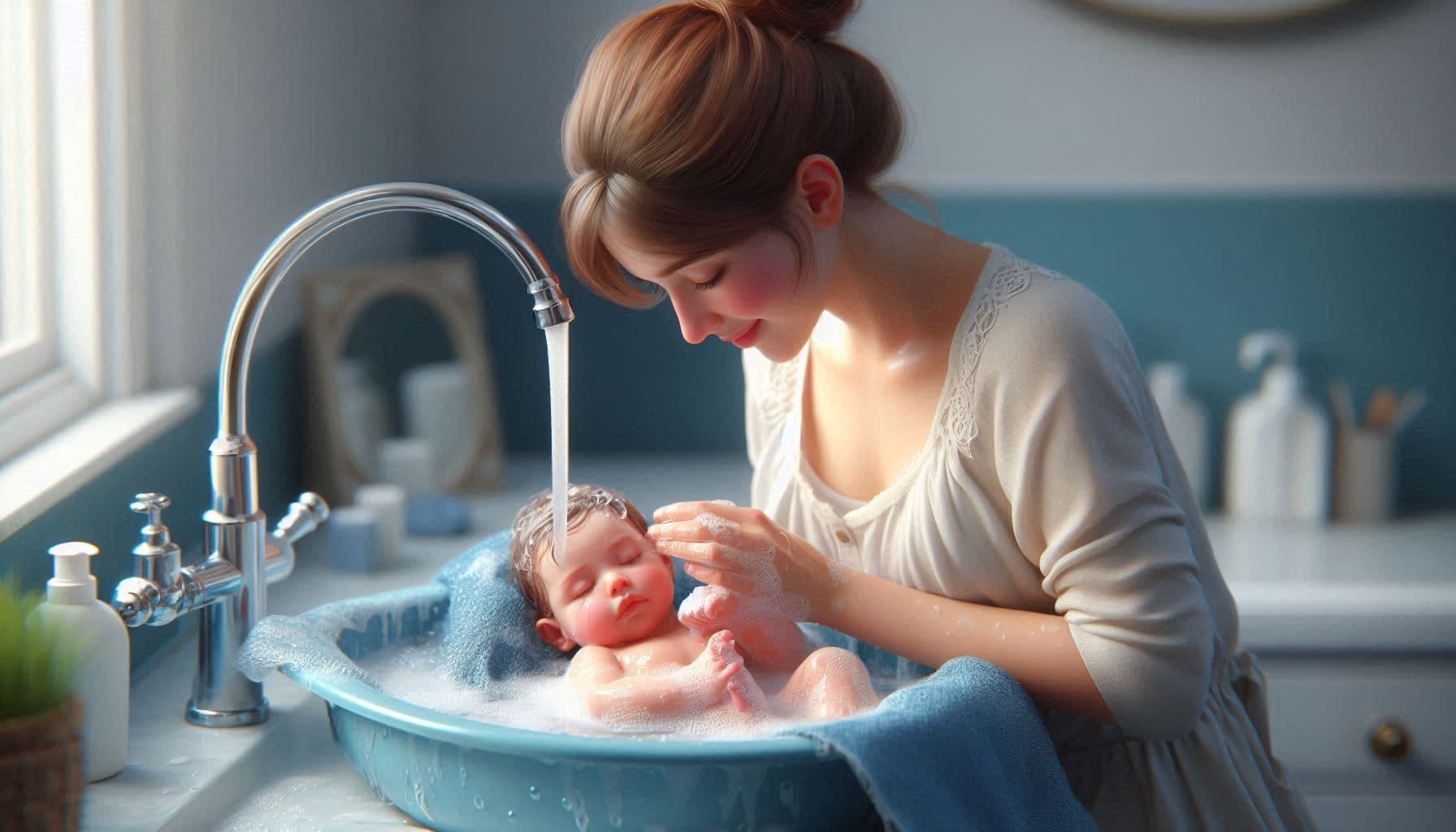 mother washing baby in sink