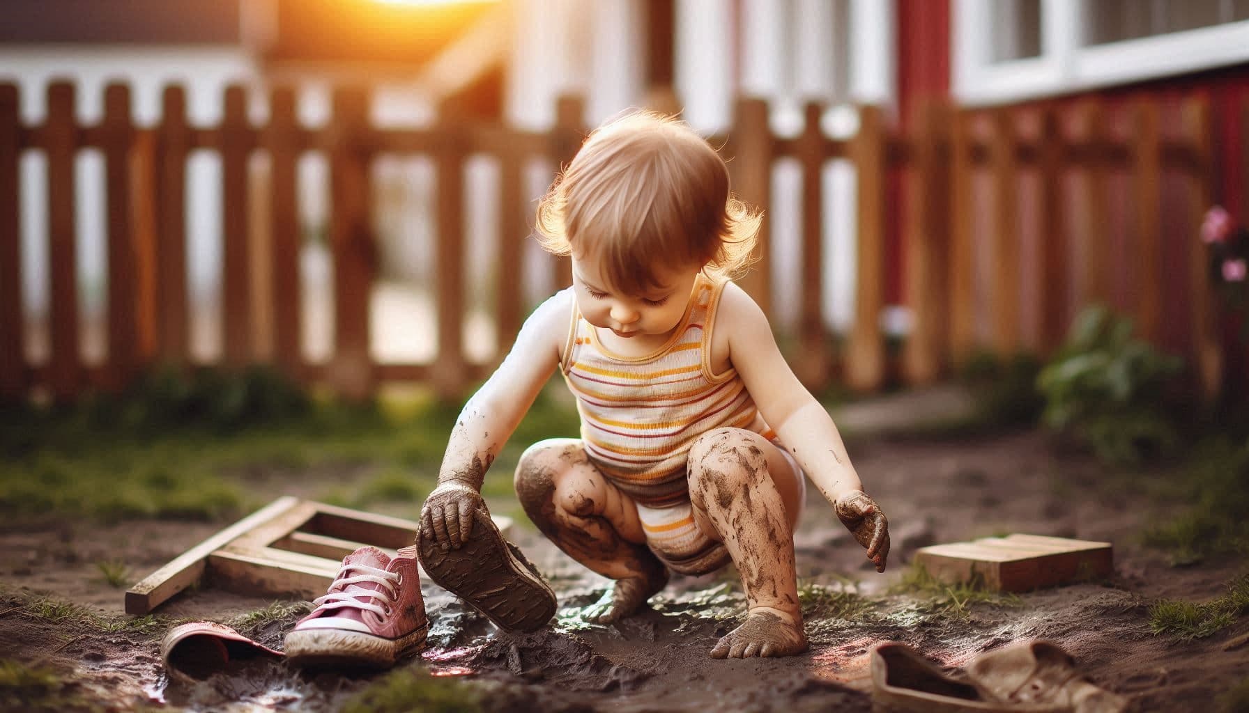 toddler playing in mud getting dirty