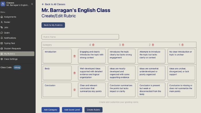 example of grading rubric for jotterblog